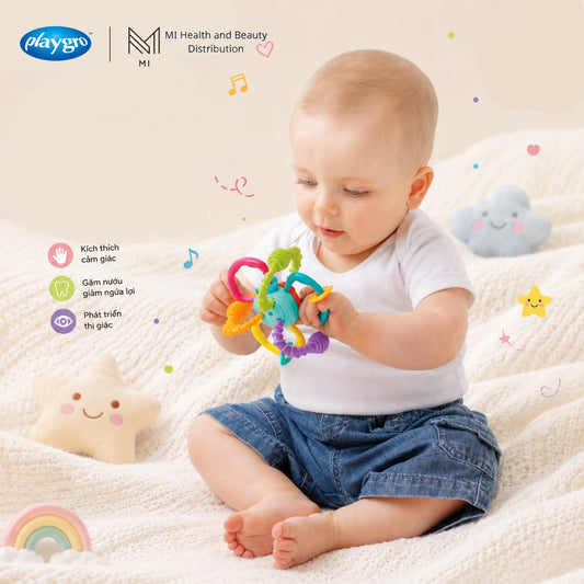 Xúc xắc gặm nướu uốn dẻo xoay vặn Playgro Bend and Twist Teething Rattle phát triển giác quan cho bé từ 3 tháng