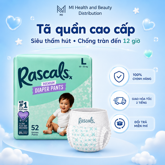 Thùng 3 bịch Tã quần cao cấp siêu thấm hút chống tràn 12 giờ Rascals Tape Convenience Pack chính hãng