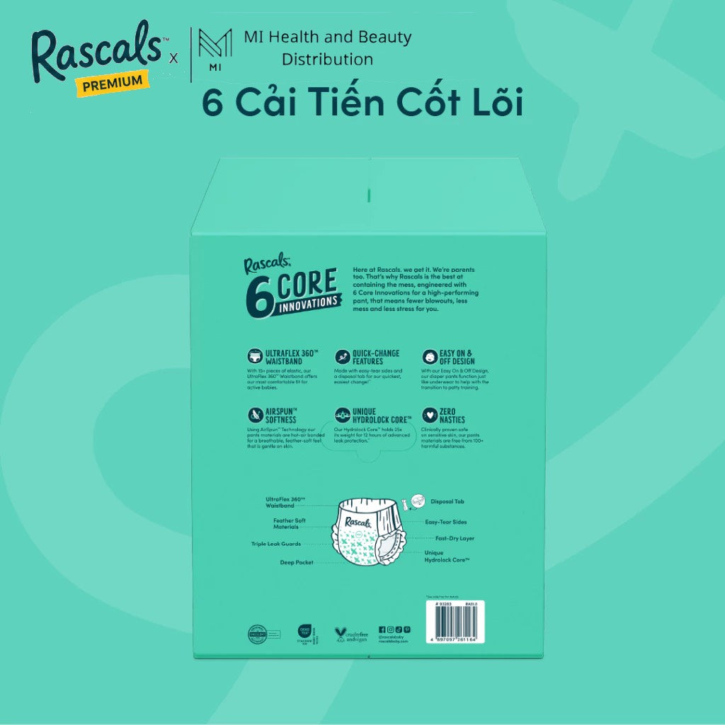 Thùng 3 bịch Tã quần cao cấp siêu thấm hút chống tràn 12 giờ Rascals Tape Convenience Pack chính hãng