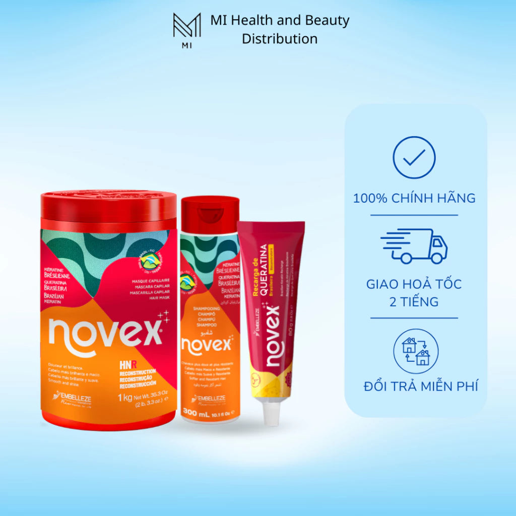 Bộ 3 Sản Phẩm Chăm Sóc Tóc Novex Brazil - Dầu Gội 300ml + Mặt Nạ Ủ Tóc 400g & 1kg + Tinh Chất Dưỡng Và Phục Hồi Tóc 80g