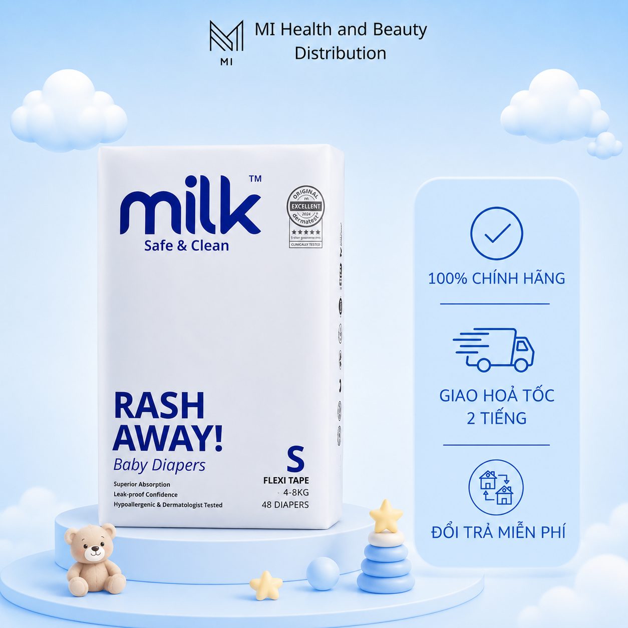 Bỉm Tã Dán MILK Flexi Tape Siêu Mềm Mỏng Chống Hăm Cho Bé [Size NB22/S48/M42]