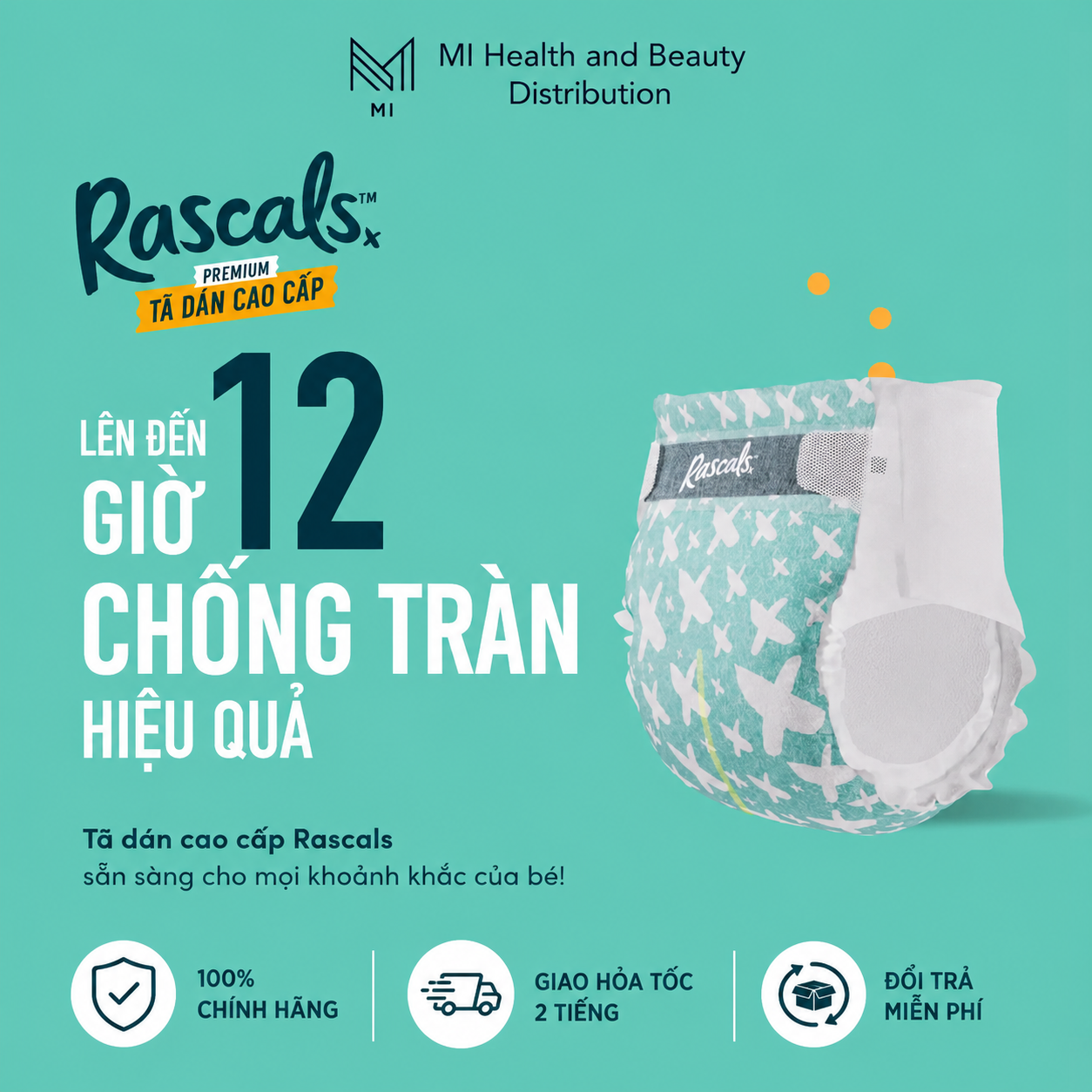 Tã dán cao cấp siêu thấm hút chống tràn 12 giờ Rascals Tape Convenience Pack chính hãng
