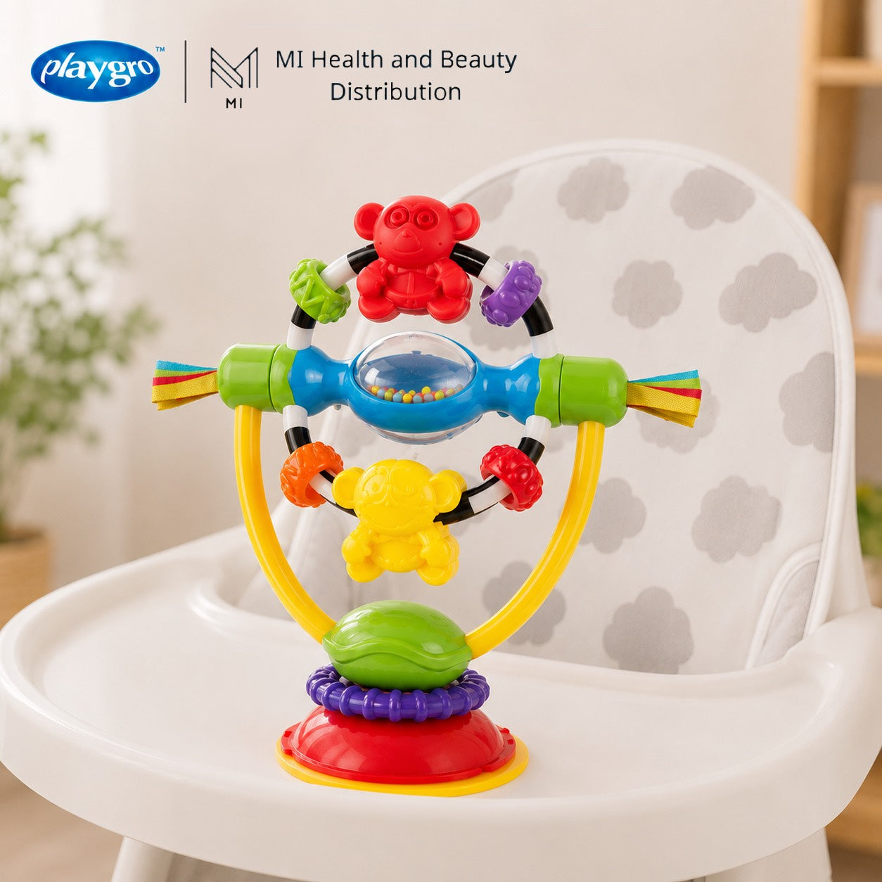Đồ chơi vòng xoay gắn ghế ăn dặm Playgro High Chair Spinning Toy có đế hút chân không cho bé