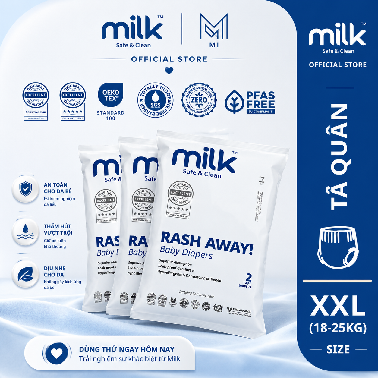 2 Miếng Dùng Thử Bỉm Tã Dán / Tã Quần  MILK Flexi Tape Siêu Mềm Mỏng Chống Hăm Cho Bé [Size từ sơ sinh đến 25kg}
