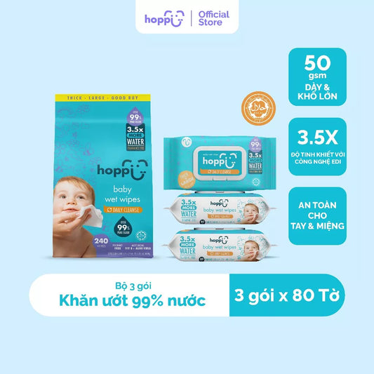 Khăn Ướt Trẻ Em Hoppi – Gói 3x80 tờ Nước Tinh Khiết, Mềm Mại, Dùng Được Cho Da Nhạy Cảm