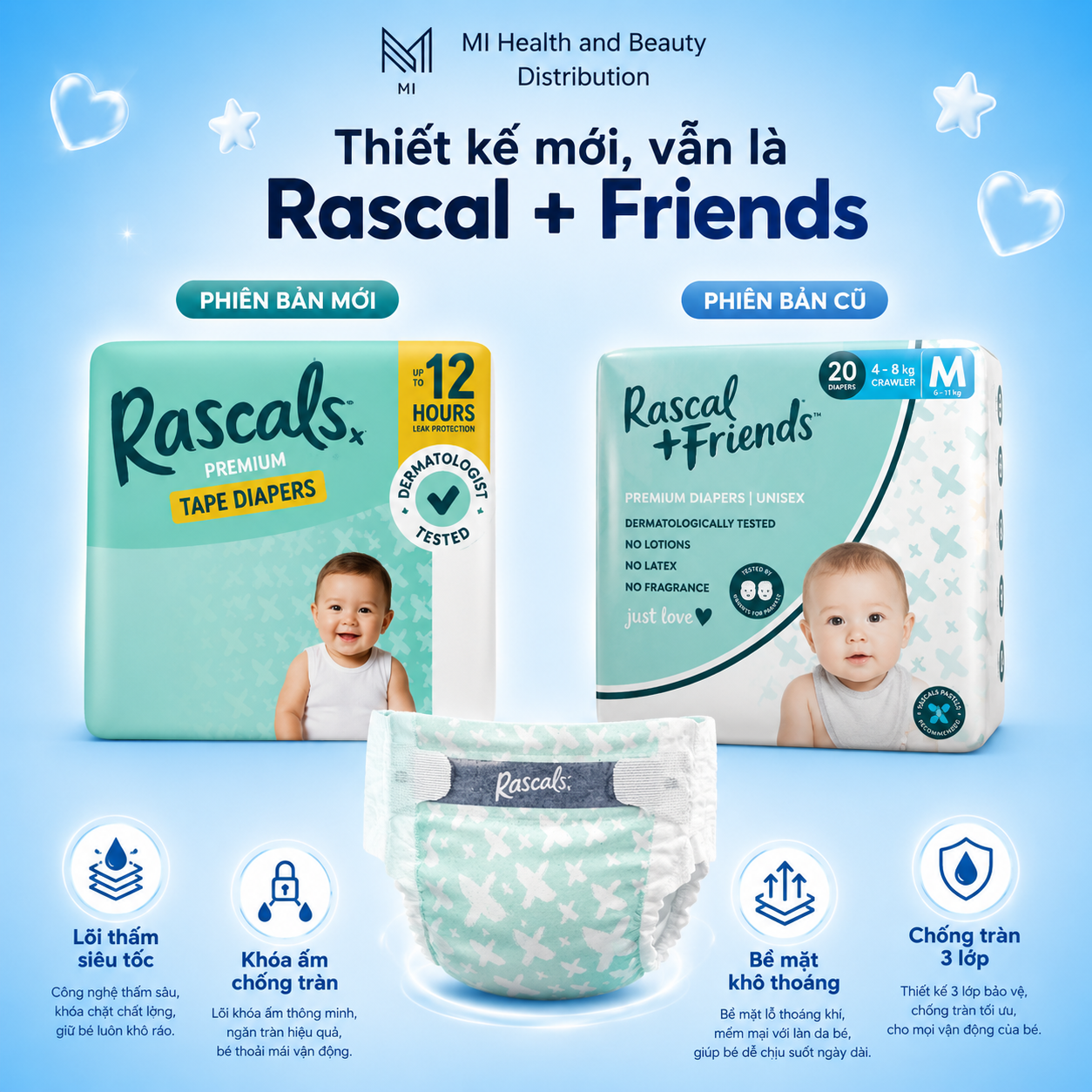 Tã dán cao cấp siêu thấm hút chống tràn 12 giờ Rascals Tape Convenience Pack chính hãng