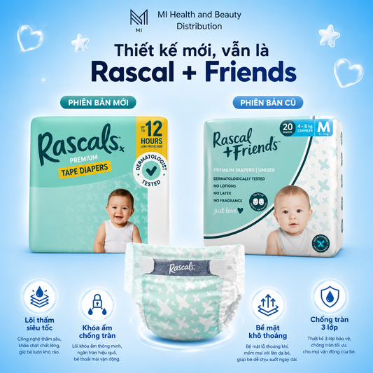 Thùng 3 bịch Tã dán cao cấp siêu thấm hút chống tràn 12 giờ Rascals Tape Convenience Pack chính hãng