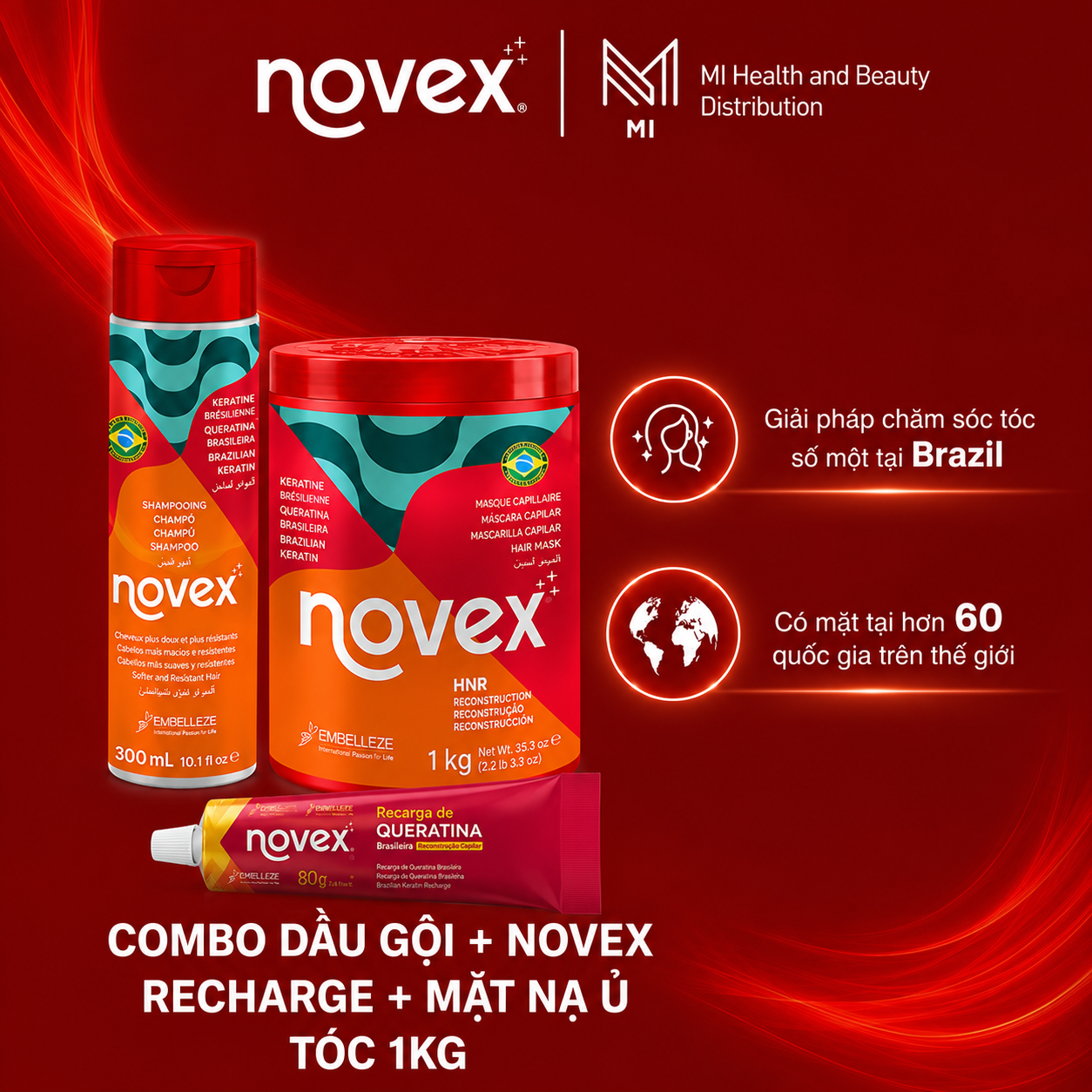 Bộ 3 Sản Phẩm Chăm Sóc Tóc Novex Brazil - Dầu Gội 300ml + Mặt Nạ Ủ Tóc 400g & 1kg + Tinh Chất Dưỡng Và Phục Hồi Tóc 80g