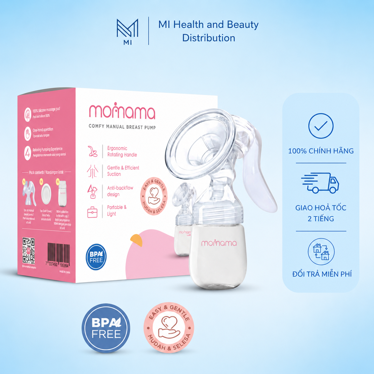 Máy hút sữa bằng tay Momama Comfy – Nhỏ gọn, Êm ái, Dễ vệ sinh | Hút sữa không đau, chất liệu an toàn cho mẹ và bé