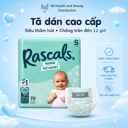 Tã dán cao cấp siêu thấm hút chống tràn 12 giờ Rascals Tape Convenience Pack chính hãng