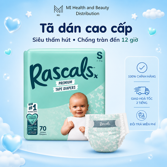 Tã dán cao cấp siêu thấm hút chống tràn 12 giờ Rascals Tape Convenience Pack chính hãng