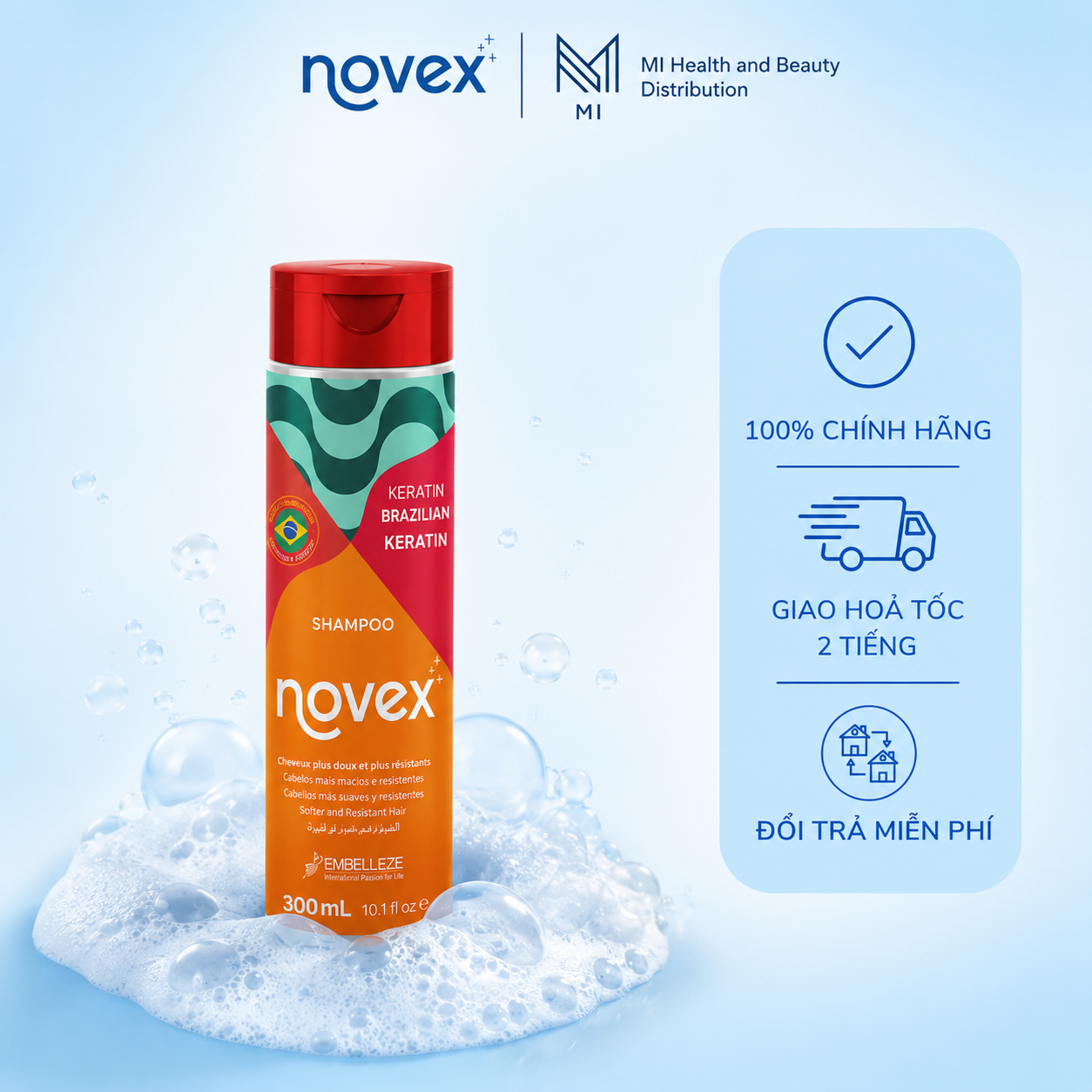 Dầu Gội Phục Hồi Tóc Hư Tổn Chuyên Sâu Novex Brazilian Keratin Shampoo 300ml