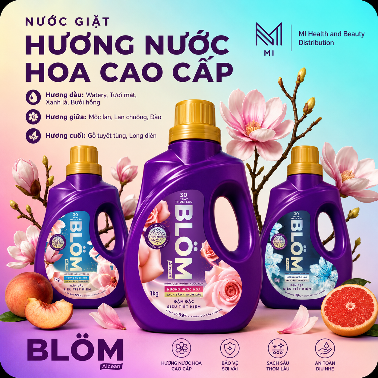 Nước giặt Blom 3 tần mùi hương cao cấp 3KG -  99% Kháng Khuẩn, Sạch Dịu Nhẹ An Toàn Cho Da