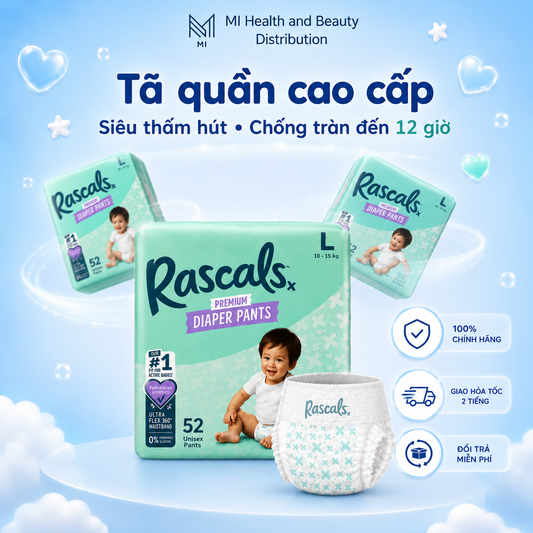 Thùng 3 bịch Tã quần cao cấp siêu thấm hút chống tràn 12 giờ Rascals Tape Convenience Pack chính hãng