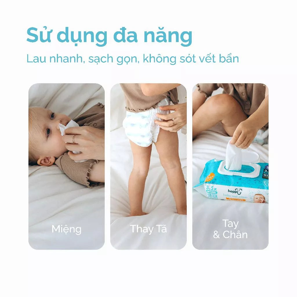 Khăn Ướt Trẻ Em Hoppi – Gói 3x80 tờ Nước Tinh Khiết, Mềm Mại, Dùng Được Cho Da Nhạy Cảm