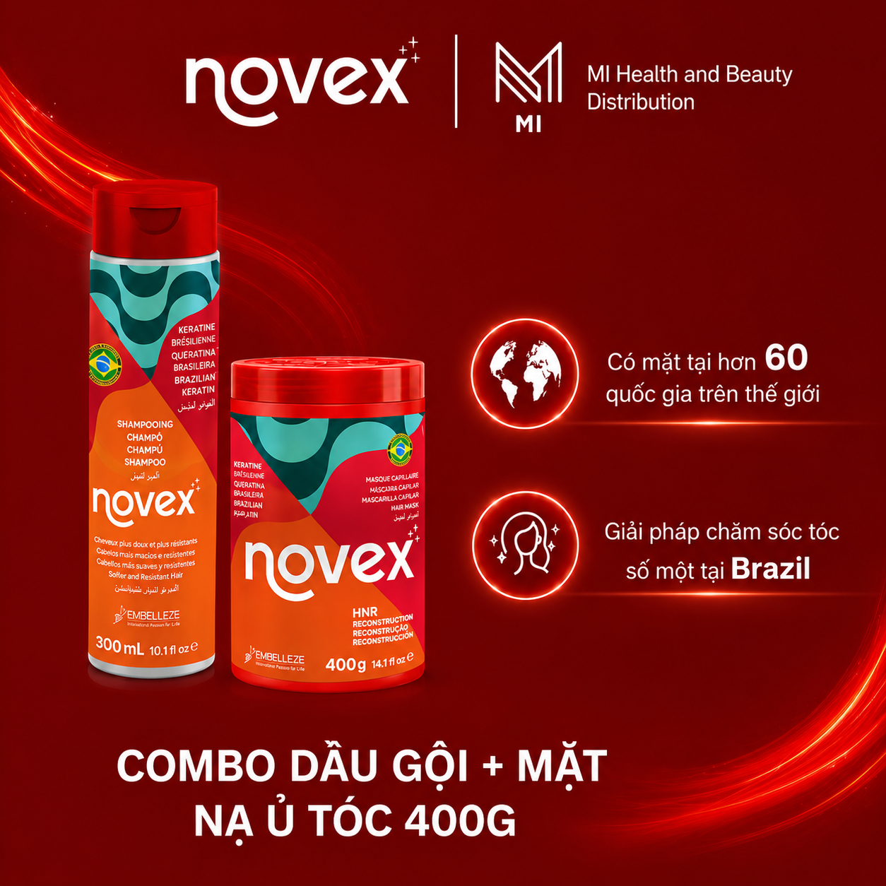 Bộ 3 Sản Phẩm Chăm Sóc Tóc Novex Brazil - Dầu Gội 300ml + Mặt Nạ Ủ Tóc 400g & 1kg + Tinh Chất Dưỡng Và Phục Hồi Tóc 80g