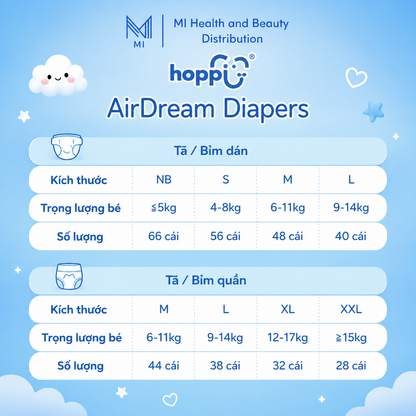 Thùng 4 Gói Bỉm Quần Hoppi Airdream Siêu Mỏng Nhẹ – Size M/L/XL/XXL – Cho Bé 6–25kg