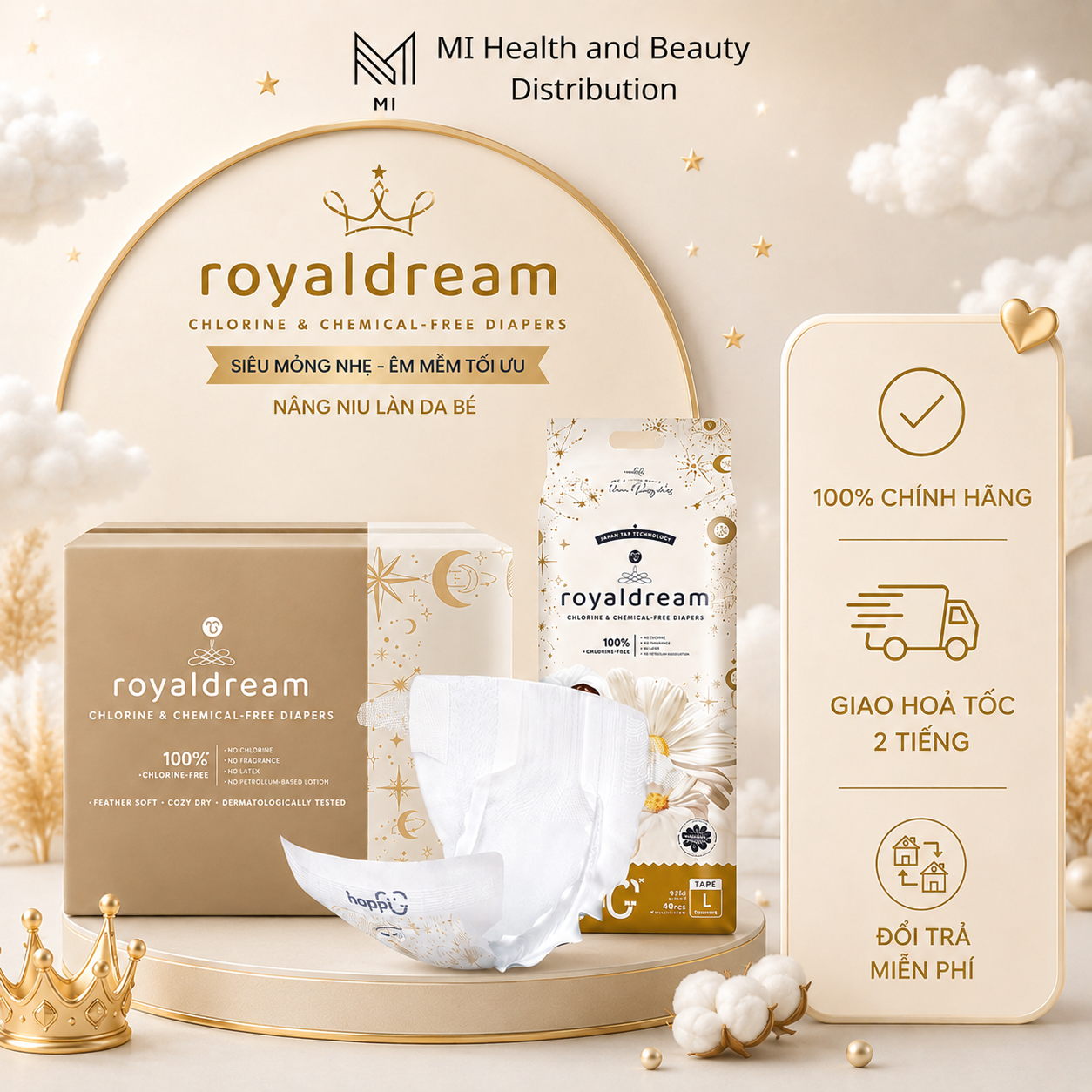 Bỉm Dán Hoppi RoyalDream Siêu Mỏng Nhẹ – Size NB/S/M/L – Cho Bé Dưới 5–14kg
