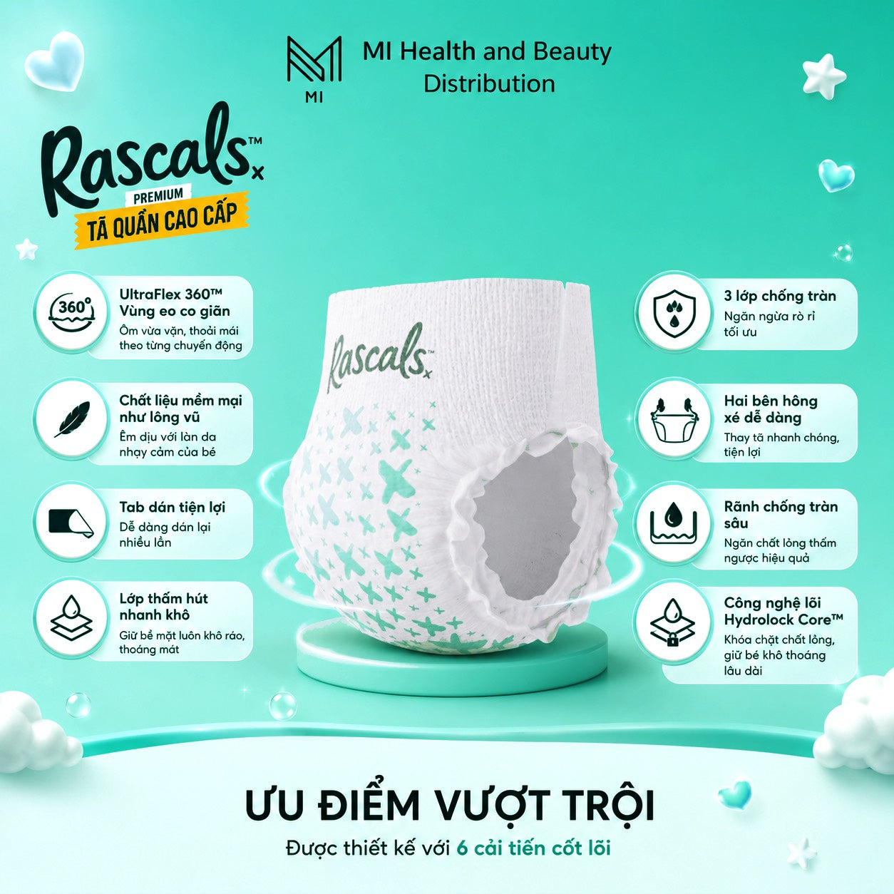 Thùng 3 bịch Tã quần cao cấp siêu thấm hút chống tràn 12 giờ Rascals Tape Convenience Pack chính hãng