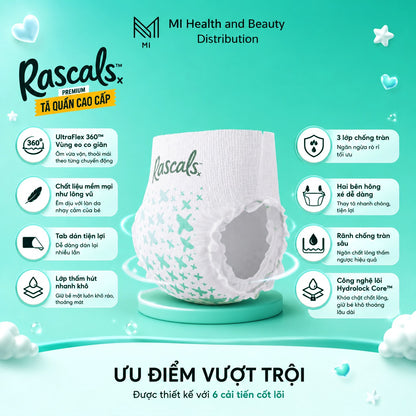 Thùng 3 bịch Tã quần cao cấp siêu thấm hút chống tràn 12 giờ Rascals Tape Convenience Pack chính hãng