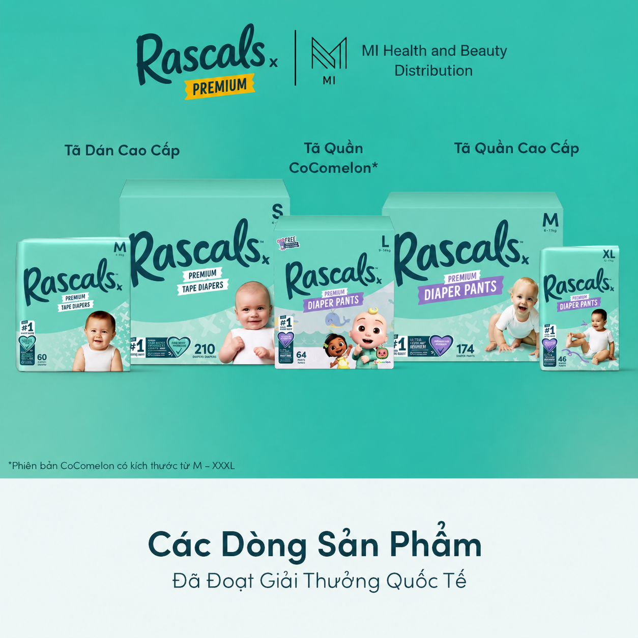 Thùng 3 bịch Tã quần cao cấp siêu thấm hút chống tràn 12 giờ Rascals Tape Convenience Pack chính hãng