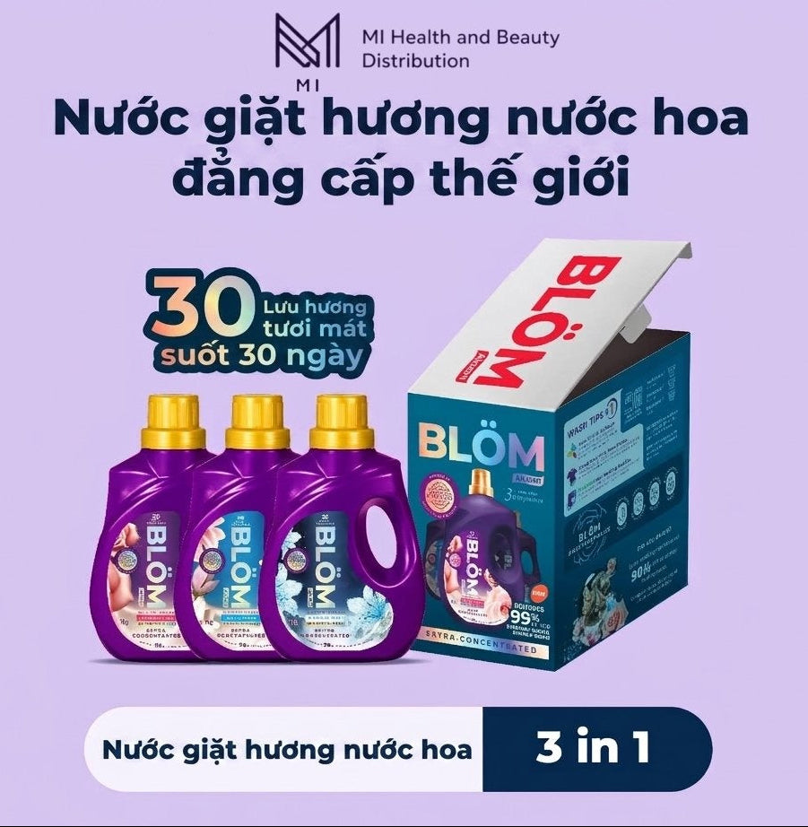 [Combo 3 chai] Nước giặt Blom 3 tần mùi hương cao cấp 3KG -  99% Kháng Khuẩn, Sạch Dịu Nhẹ An Toàn Cho Da