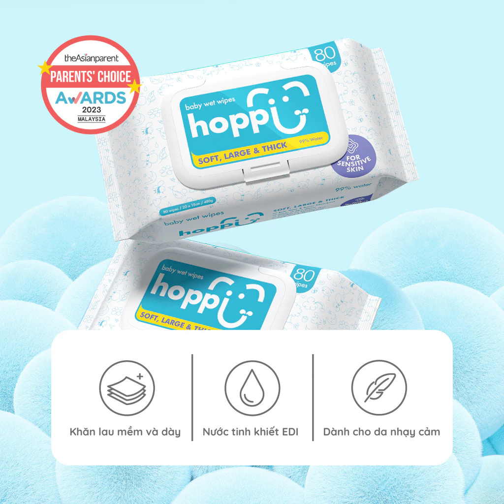 Khăn Ướt Trẻ Em Hoppi – Gói 5x20 tờ Nước Tinh Khiết, Mềm Mại, Dùng Được Cho Da Nhạy Cảm