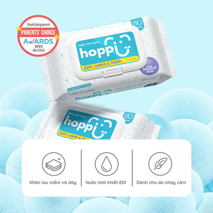 Khăn Ướt Trẻ Em Hoppi – Gói 5x20 tờ Nước Tinh Khiết, Mềm Mại, Dùng Được Cho Da Nhạy Cảm