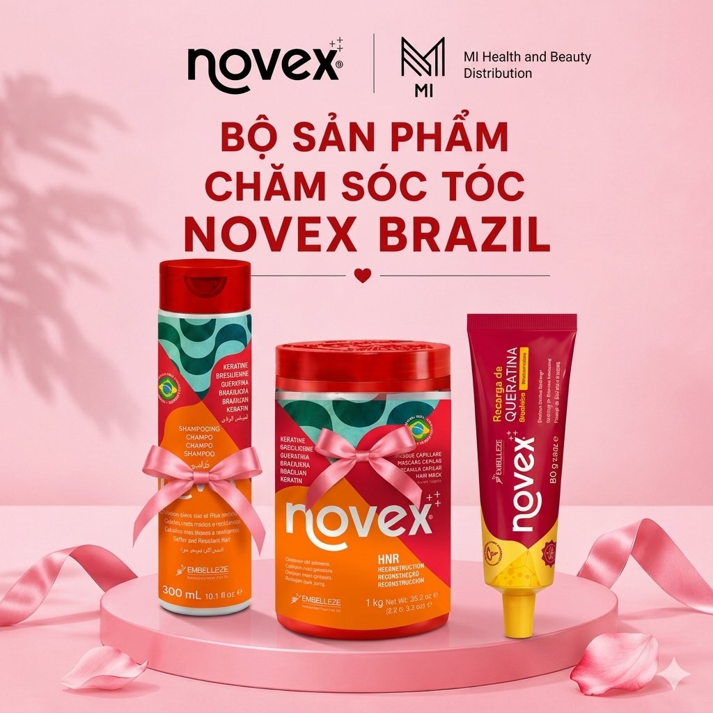 Bộ 3 Sản Phẩm Chăm Sóc Tóc Novex Brazil - Dầu Gội 300ml + Mặt Nạ Ủ Tóc 400g & 1kg + Tinh Chất Dưỡng Và Phục Hồi Tóc 80g