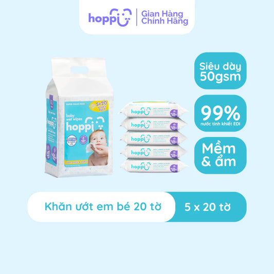 Khăn Ướt Trẻ Em Hoppi – Gói 5x20 tờ Nước Tinh Khiết, Mềm Mại, Dùng Được Cho Da Nhạy Cảm