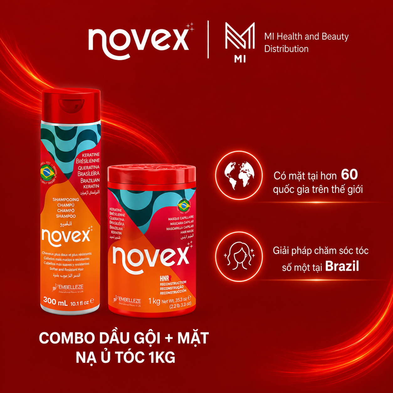 Bộ 3 Sản Phẩm Chăm Sóc Tóc Novex Brazil - Dầu Gội 300ml + Mặt Nạ Ủ Tóc 400g & 1kg + Tinh Chất Dưỡng Và Phục Hồi Tóc 80g