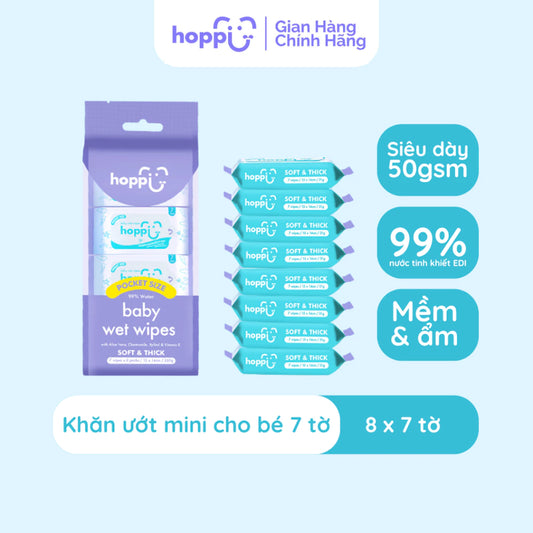 Khăn Ướt Trẻ Em túi mini Hoppi – Gói 8x7 tờ - Nước Tinh Khiết, Mềm Mại, Dùng Được Cho Da Nhạy Cảm
