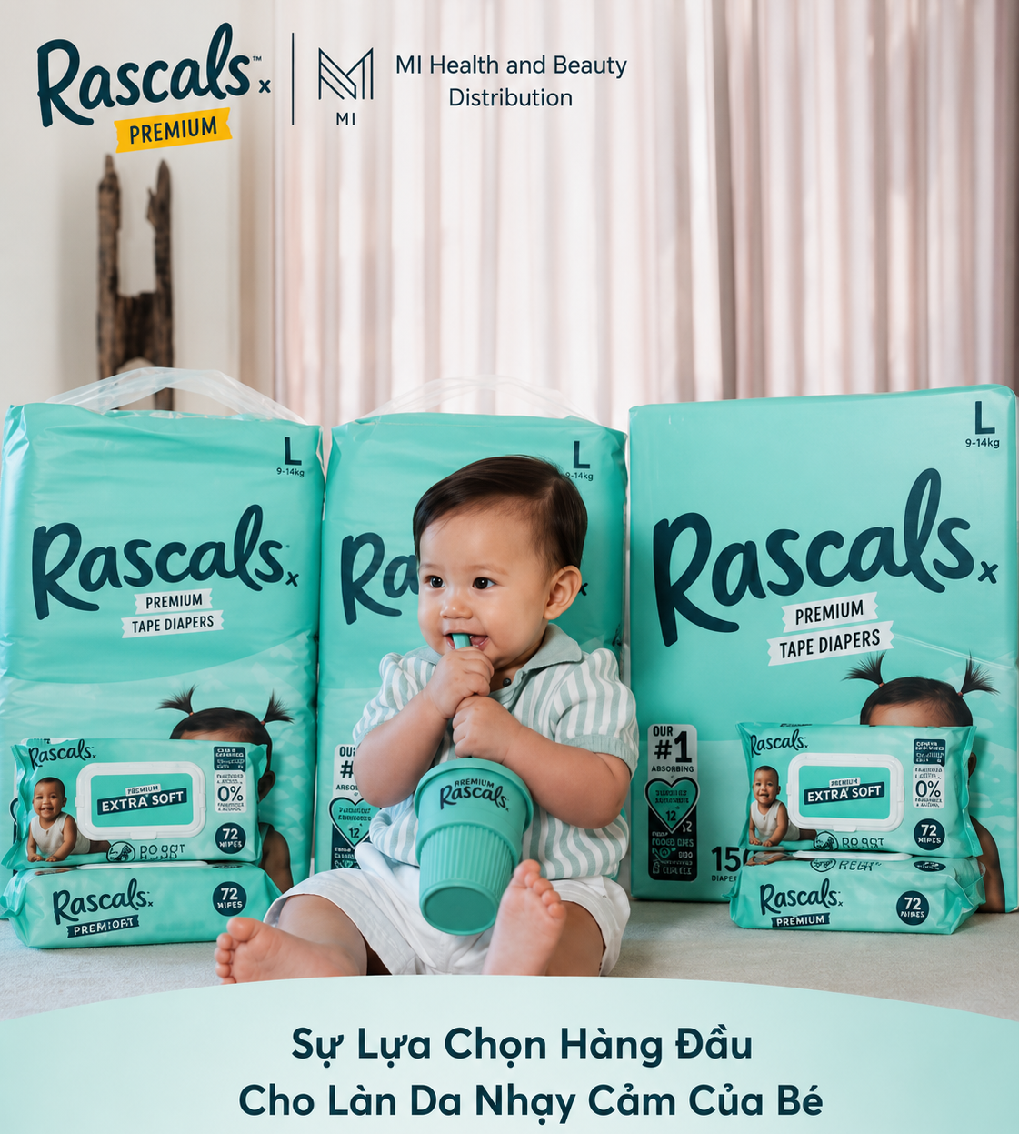 Thùng 3 bịch Tã quần cao cấp siêu thấm hút chống tràn 12 giờ Rascals Tape Convenience Pack chính hãng