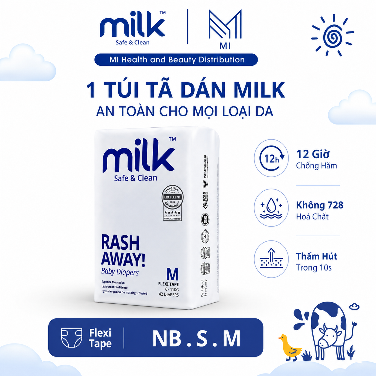 Bỉm Tã Dán MILK Flexi Tape Siêu Mềm Mỏng Chống Hăm Cho Bé [Size NB22/S48/M42]