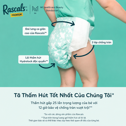 Tã dán cao cấp siêu thấm hút chống tràn 12 giờ Rascals Tape Convenience Pack chính hãng