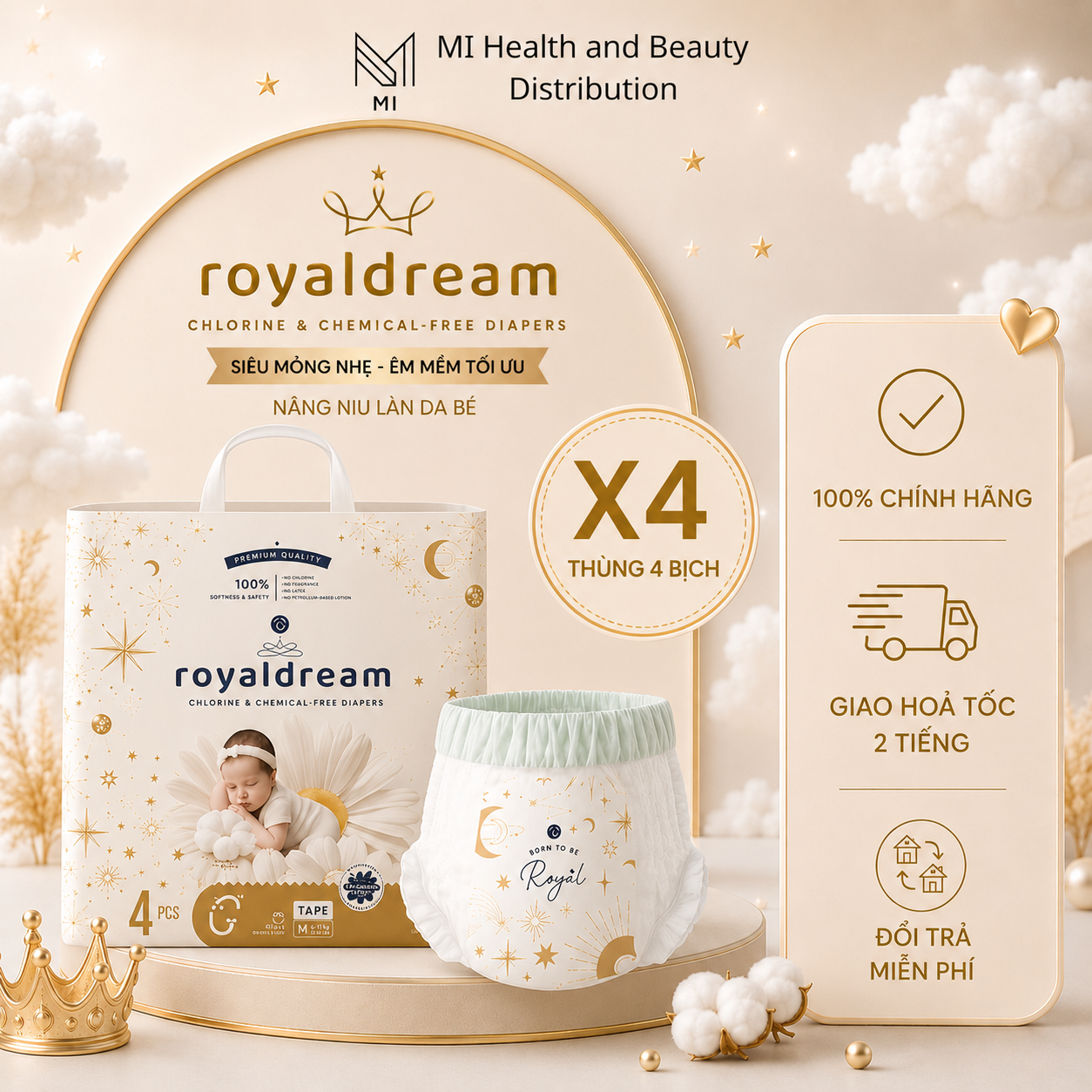 Thùng 4 bịch Bỉm quần Hoppi RoyalDream cao cấp chính hãng siêu mỏng 2mm đủ size M/L/XL/XXL cho bé từ 6-25kg