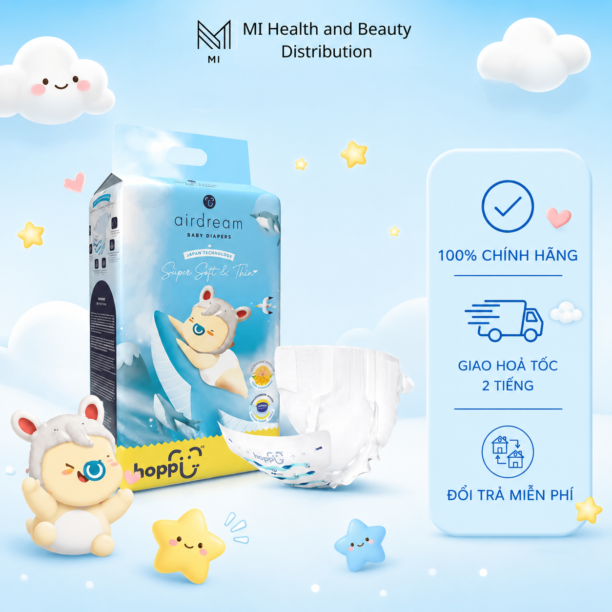 Bỉm Dán Hoppi Airdream Siêu Mỏng Nhẹ – Size NB/S/M/L – Cho Bé 6–25kg
