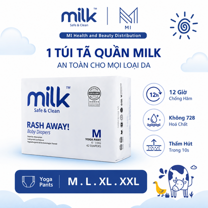 Thùng 4 Bịch Bỉm Tã Quần MILK Yoga Pants Siêu Mềm Mỏng Chống Hăm Cho Bé [Size M168/L144/XL120/XXL96]