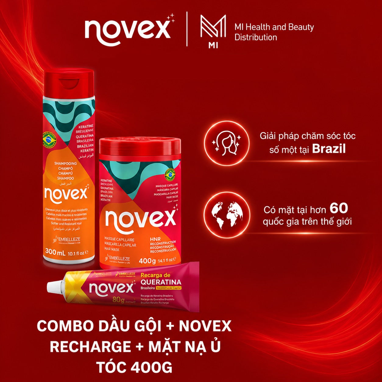 Bộ 3 Sản Phẩm Chăm Sóc Tóc Novex Brazil - Dầu Gội 300ml + Mặt Nạ Ủ Tóc 400g & 1kg + Tinh Chất Dưỡng Và Phục Hồi Tóc 80g