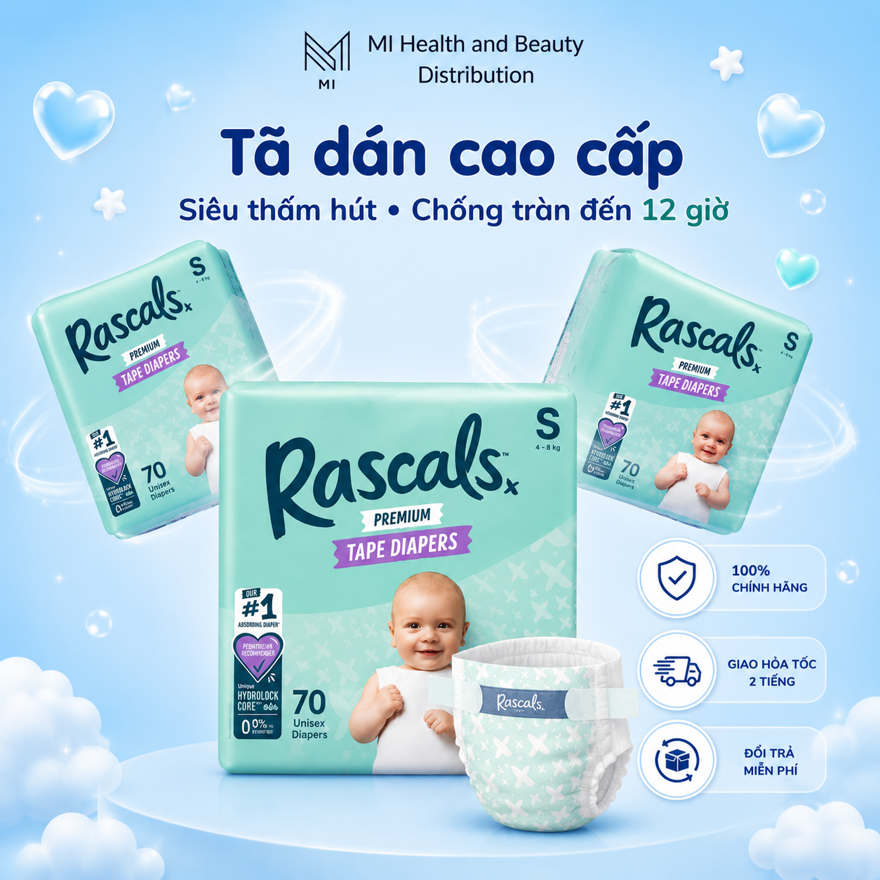 Thùng 3 bịch Tã dán cao cấp siêu thấm hút chống tràn 12 giờ Rascals Tape Convenience Pack chính hãng