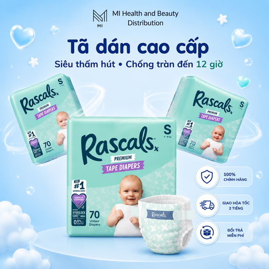 Thùng 3 bịch Tã dán cao cấp siêu thấm hút chống tràn 12 giờ Rascals Tape Convenience Pack chính hãng