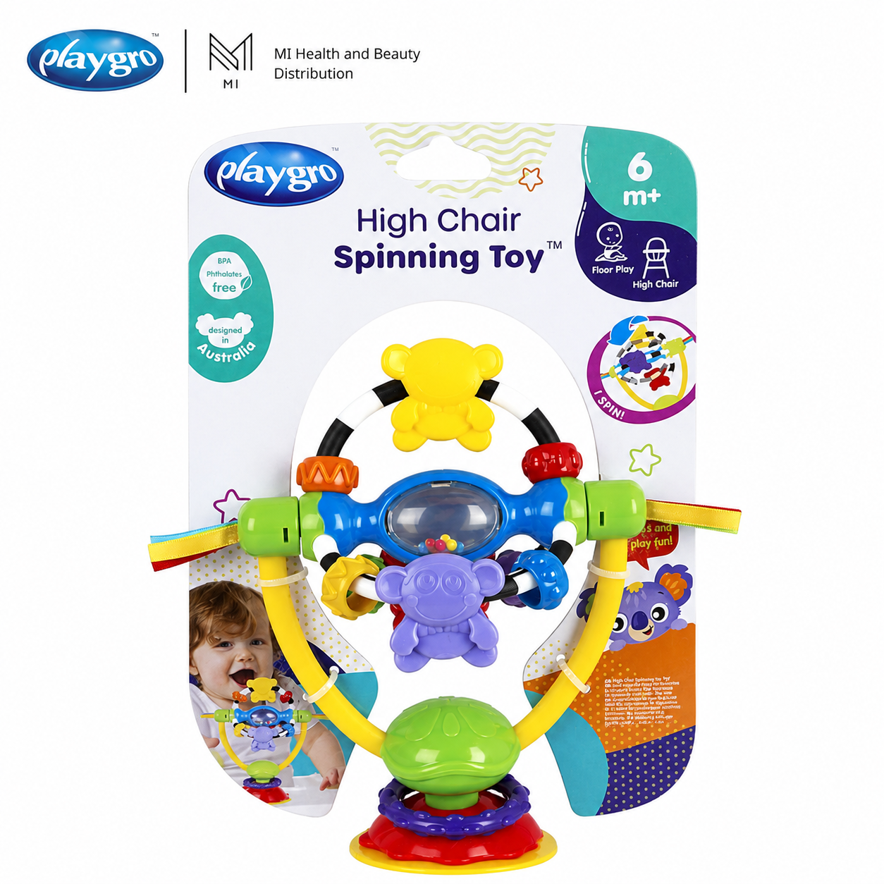 Đồ chơi vòng xoay gắn ghế ăn dặm Playgro High Chair Spinning Toy có đế hút chân không cho bé
