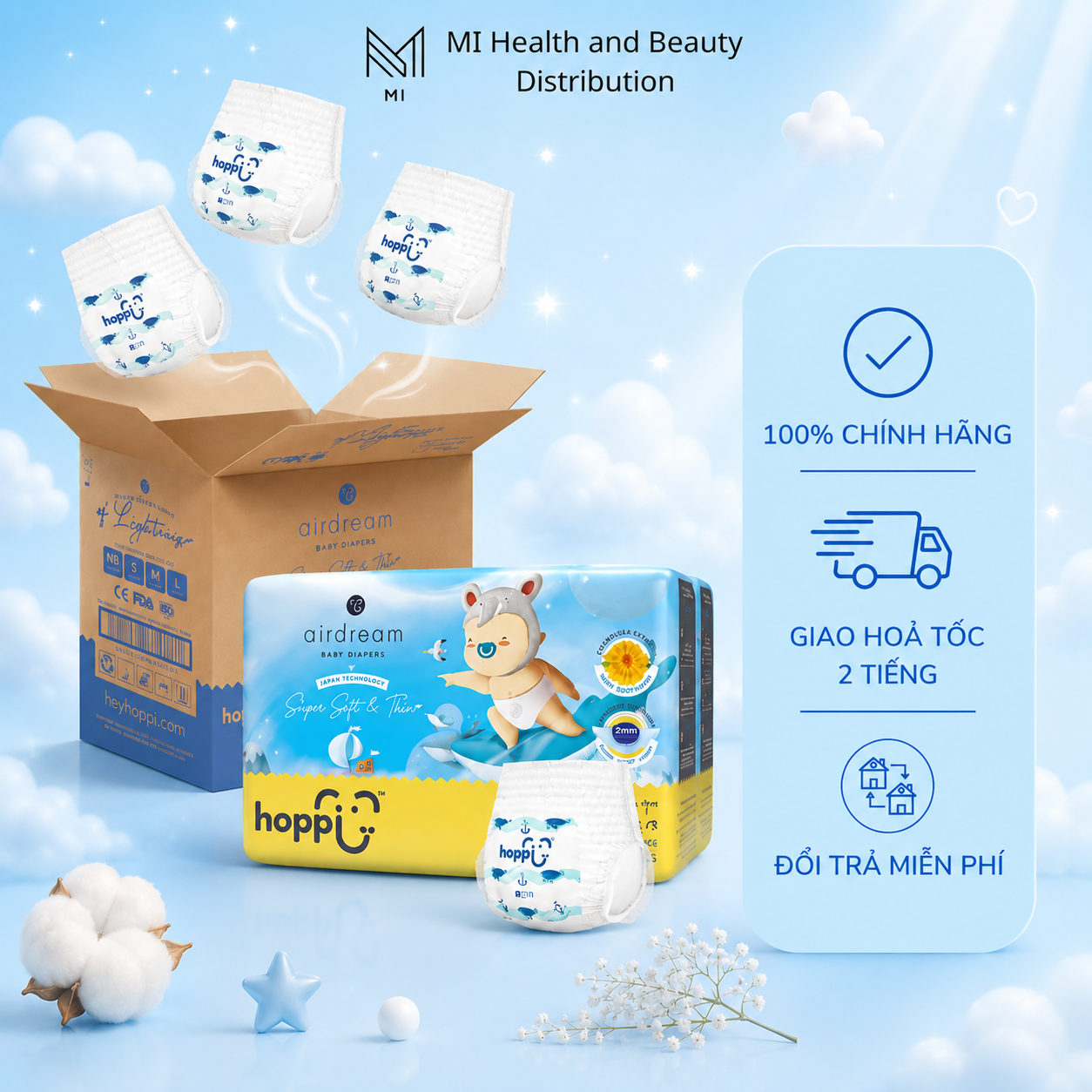Thùng 4 Gói Bỉm Quần Hoppi Airdream Siêu Mỏng Nhẹ – Size M/L/XL/XXL – Cho Bé 6–25kg
