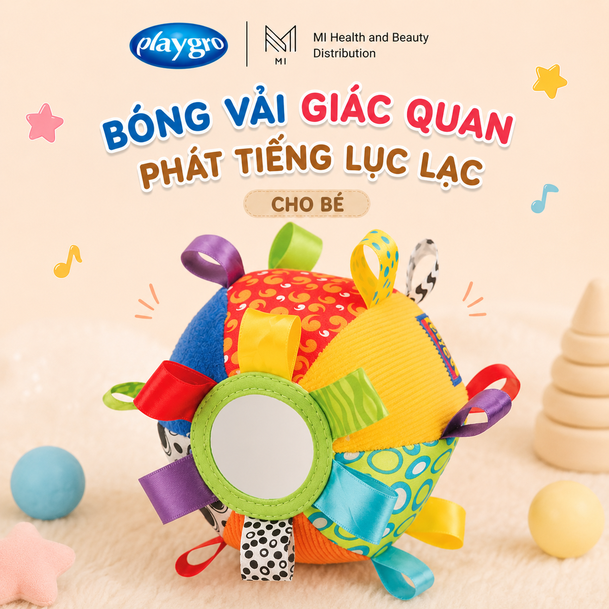 Bóng vải giác quan Playgro Loopy Loops Ball đa kết cấu phát tiếng lục lạc cho bé