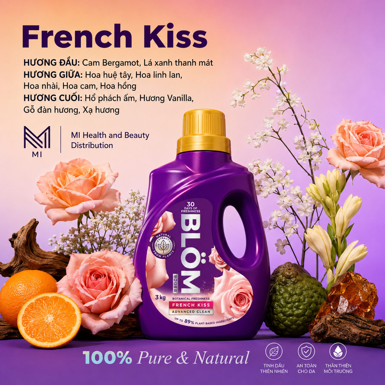 [Combo 3 chai] Nước giặt Blom 3 tần mùi hương cao cấp 3KG -  99% Kháng Khuẩn, Sạch Dịu Nhẹ An Toàn Cho Da